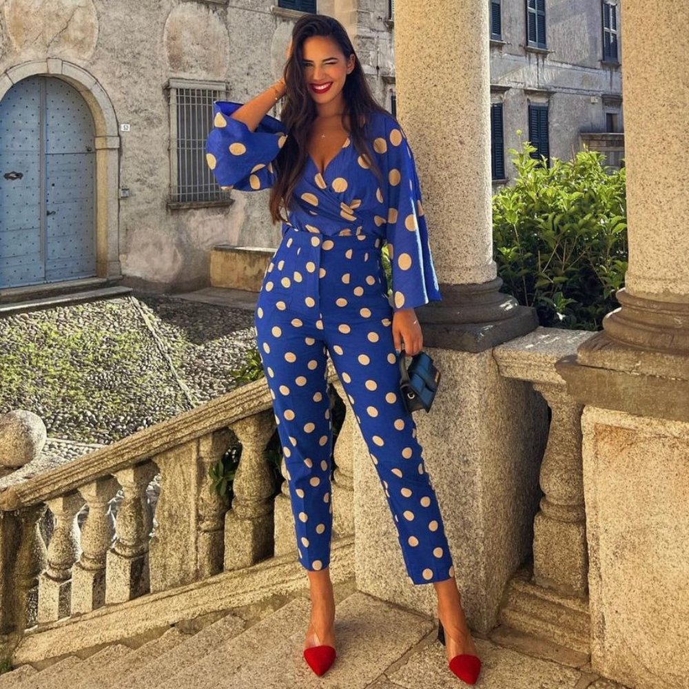 BLOGGER'S FAVE! Zara 2 Piece Pants Set And Top Blue White Polka Dot NWT - Picture 6 of 17